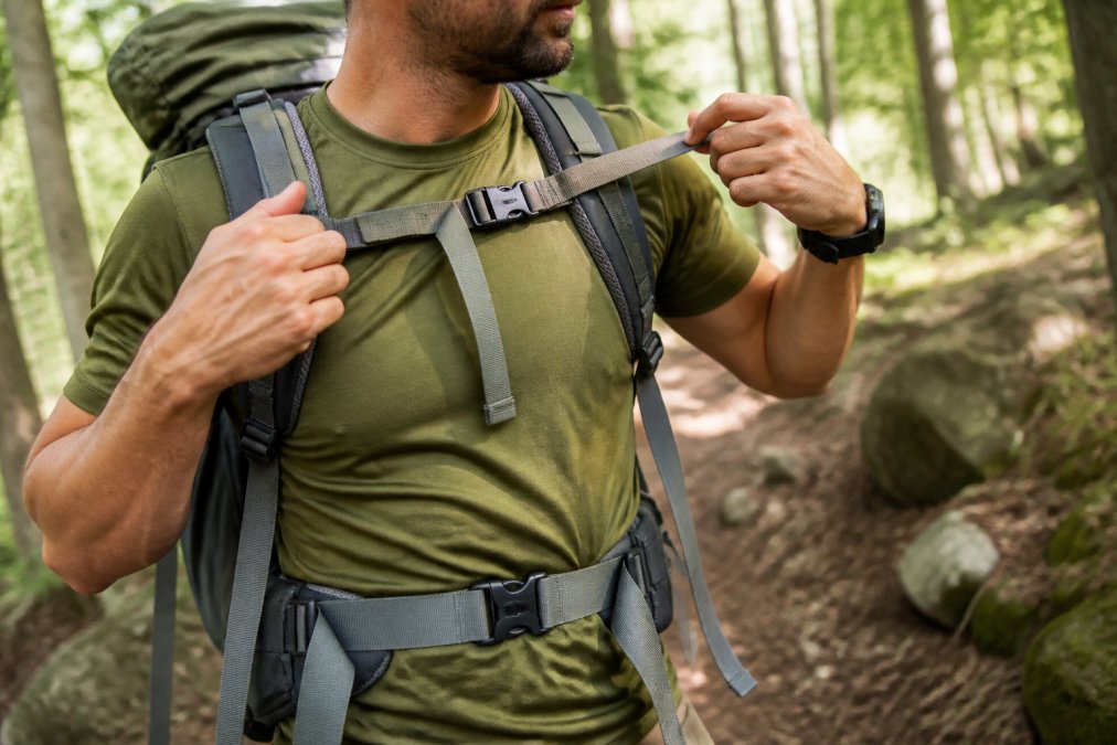 Close-up of a hiker's hands tightening the hip belt and load lifter straps on a loaded backpack on a forest trail, natural afternoon light filtering through trees, showing proper pack fitment technique