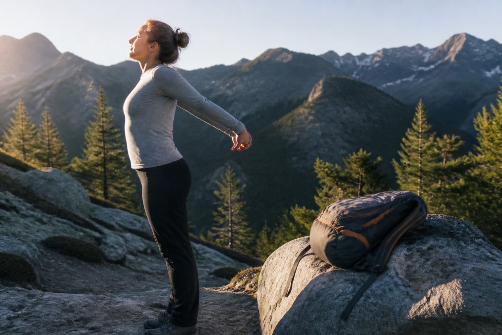 A hiker standing on a mountain trail performing a chest-opening shoulder stretch with arms extended behind them, backpack resting on a nearby rock, bright morning light and pine trees in the background