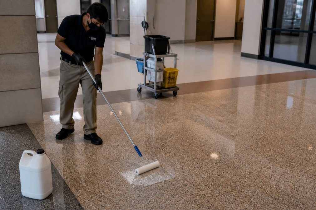 Facility worker applying anti-slip treatment to prevent slip hazards terrazzo in a commercial hallway