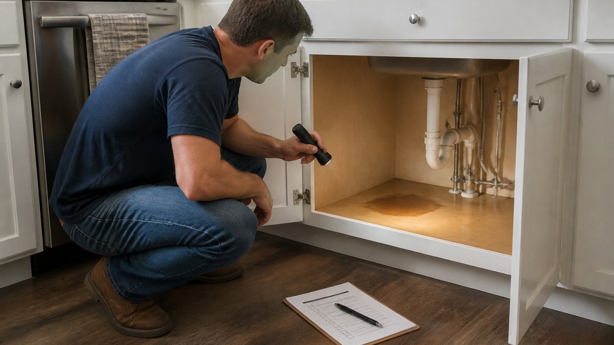 Homeowner inspecting a kitchen cabinet for small problems with a flashlight and checklist