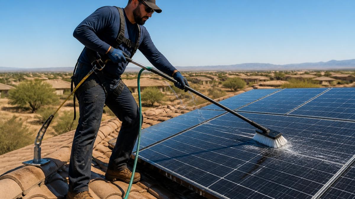 A homeowner in work gloves using a long soft-bristle brush and garden hose to rinse dust off rooftop solar panels on a sunny morning, safety harness clipped to a roof anchor, clear blue sky