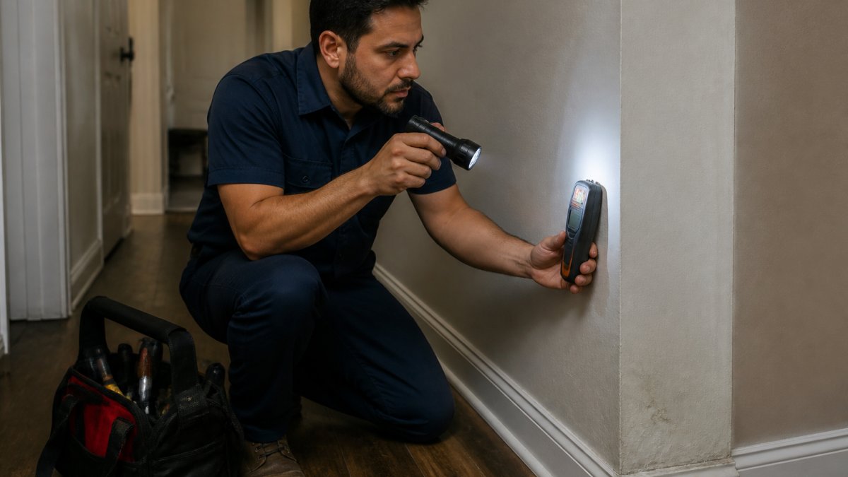 A plumber in a work shirt holding a moisture meter against a drywall corner in a dim hallway, flashlight in the other hand, tool bag on the floor beside him
