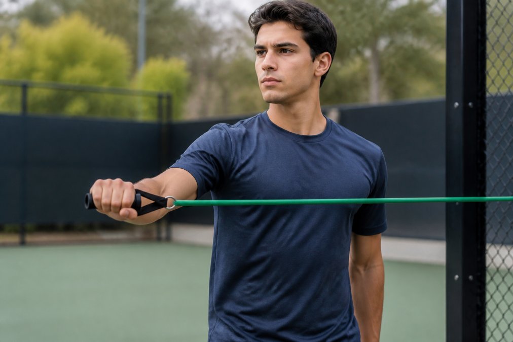 Close-up of athlete performing external rotation exercise with resistance band, showing proper shoulder positioning and controlled form with clear visibility of shoulder joint alignment