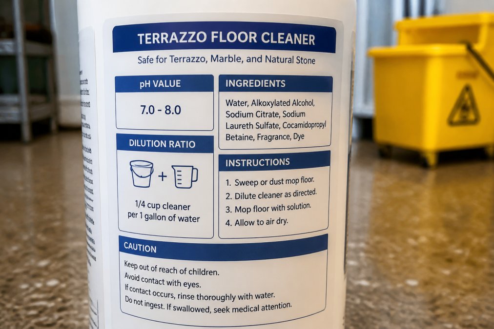 Close-up of a product label showing pH value, ingredient list, and dilution instructions for a terrazzo-safe cleaner