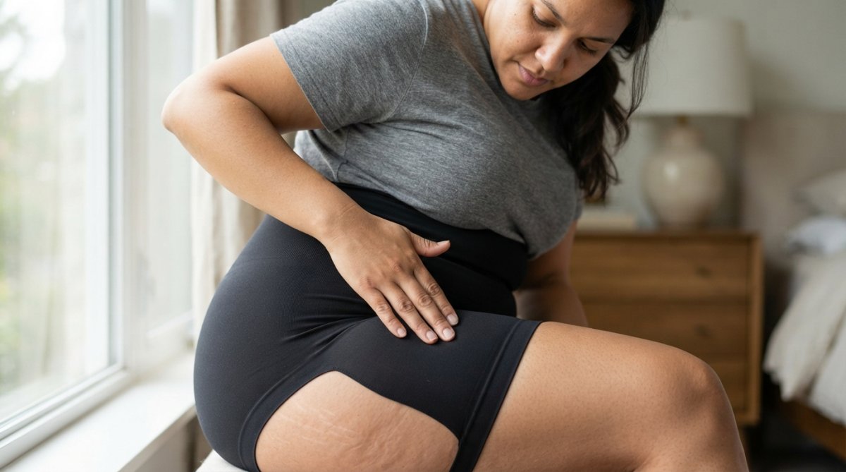 Close-up of a plus-size woman's hand smoothing the seamless, moisture-wicking fabric of high-waist shapewear shorts against her skin, soft natural window lighting