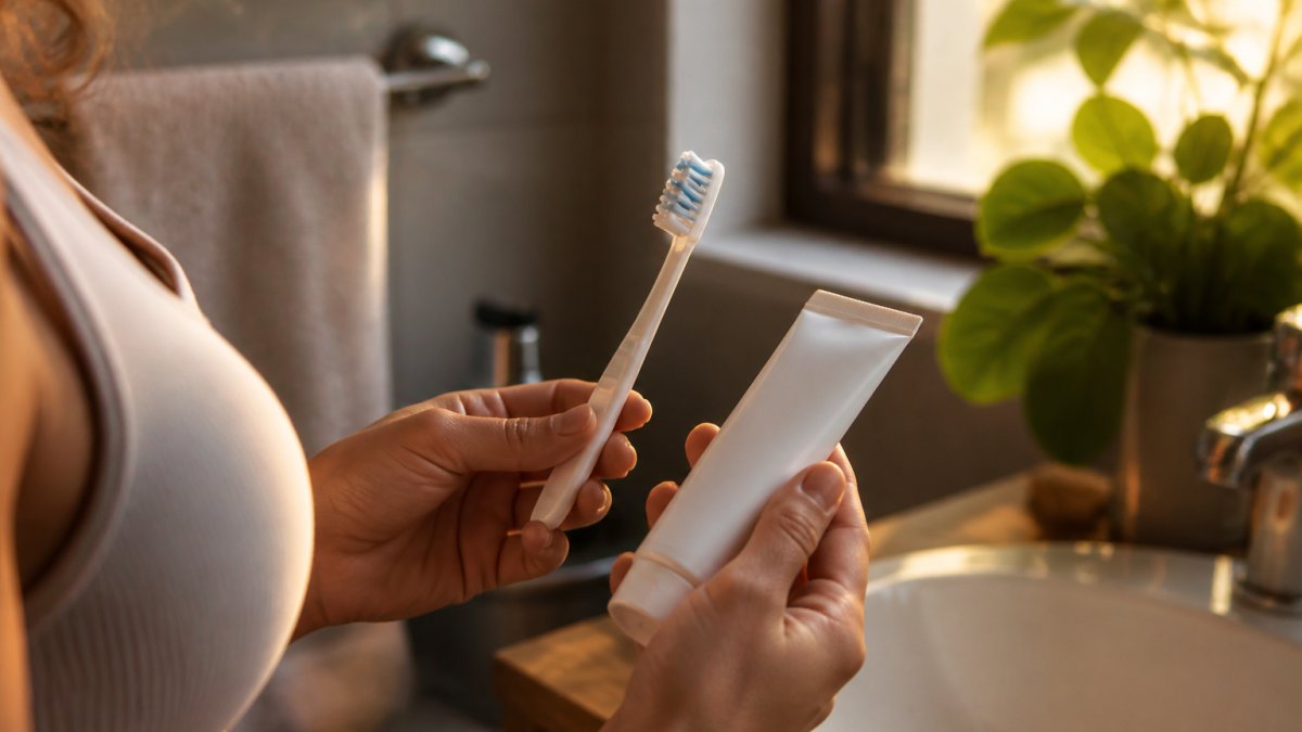 Person holding soft-bristled toothbrush and sensitive toothpaste tube, preparing for dental care routine in bright bathroom with natural morning light