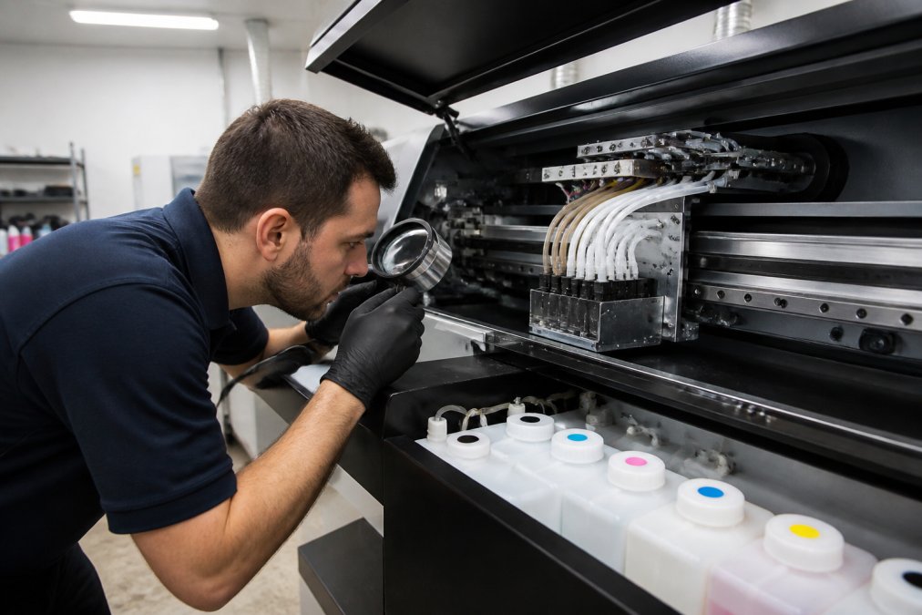 Professional maintenance engineer performing daily inspection on UV printer, carefully examining printhead assembly with magnifying inspection tool, checking ink levels in reservoir, modern workshop with bright overhead lighting
