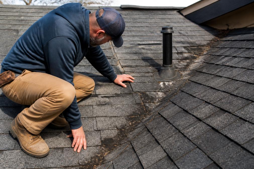 Professional technician performing roof inspection, checking flashing seals and shingle condition with close-up view of roof valleys and vent penetrations in daylight