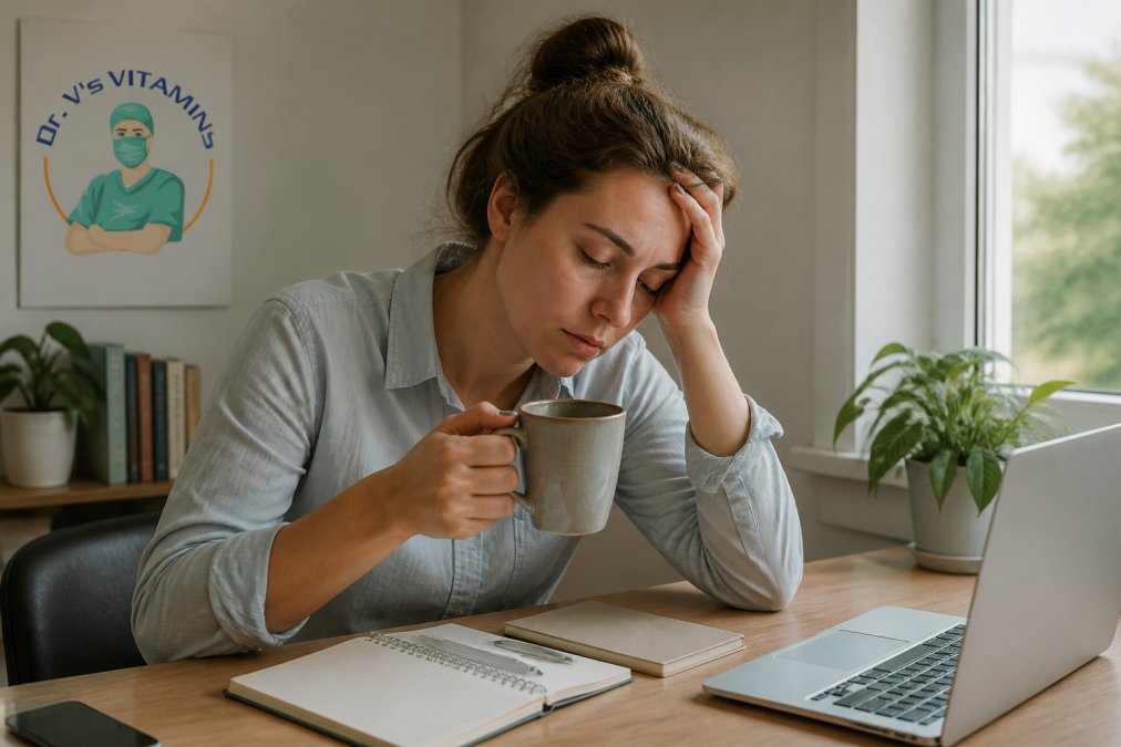 Person looking tired at their desk in natural morning light, holding a cup of coffee with visible fatigue and brain fog, showing the physical toll of nutrient deficiency during weight loss