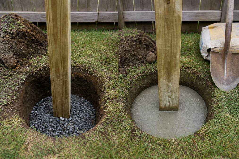 A close-up photograph of a fence post hole in a residential yard, showing a layer of gravel at the bottom and a treated wooden post being set into position, with a shovel and bag of concrete mix nearby on the grass