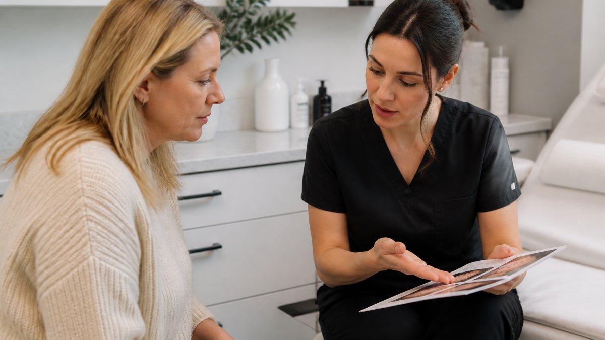 A woman in her 40s consulting with a licensed aesthetic practitioner in a bright, modern medspa treatment room, reviewing a skincare plan together