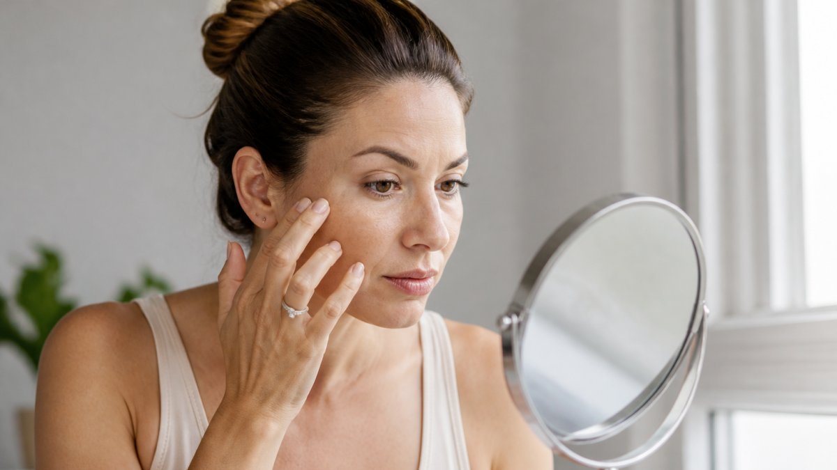 Woman in her 30s examining her skin in natural daylight, looking at fine lines and skin texture with a hand mirror, natural window lighting illuminating her face