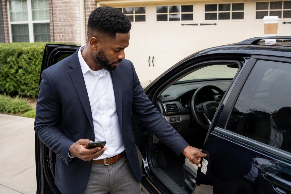 A busy professional in business casual attire standing next to their car in a driveway, holding a smartphone with a digital checklist app open, while glancing at the tire pressure sticker on the door jamb. Morning light, coffee cup resting on the car roof