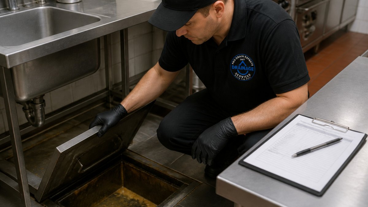 Kitchen worker inspecting a grease trap lid as part of preventative drainage maintenance in a restaurant kitchen.