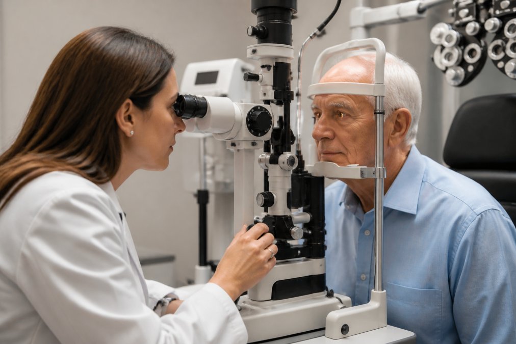Optometrist performing a comprehensive dilated eye exam on a senior patient using advanced optometric equipment in a professional clinical setting with soft lighting