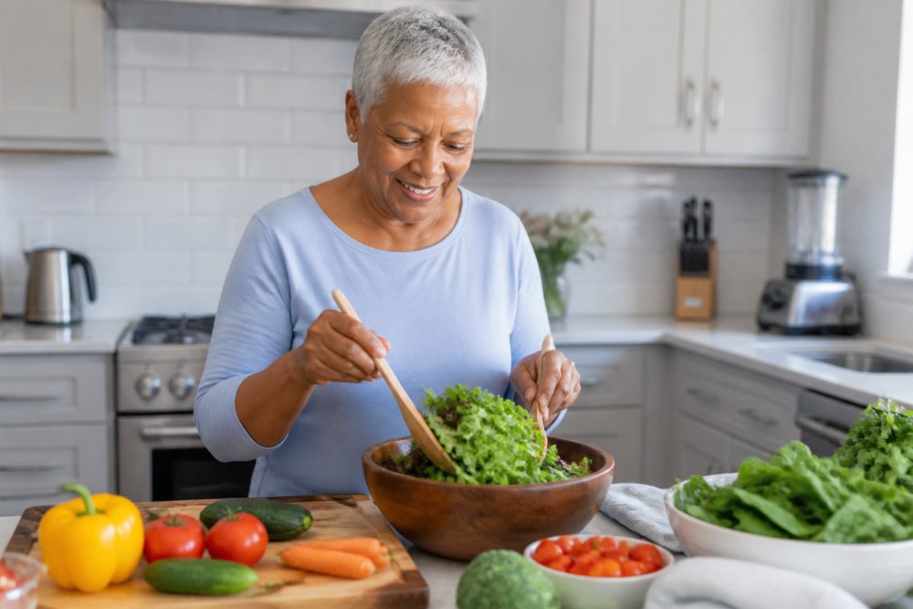Senior adult in a bright kitchen preparing a colorful salad with fresh leafy greens, carrots, tomatoes, and other vegetables rich in eye health nutrients