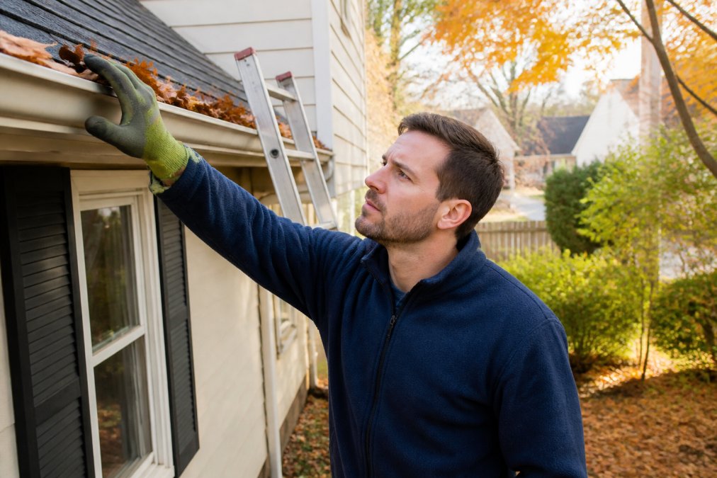 Homeowner cleaning a gutter as part of a seasonal preventative home maintenance routine on a sunny autumn day