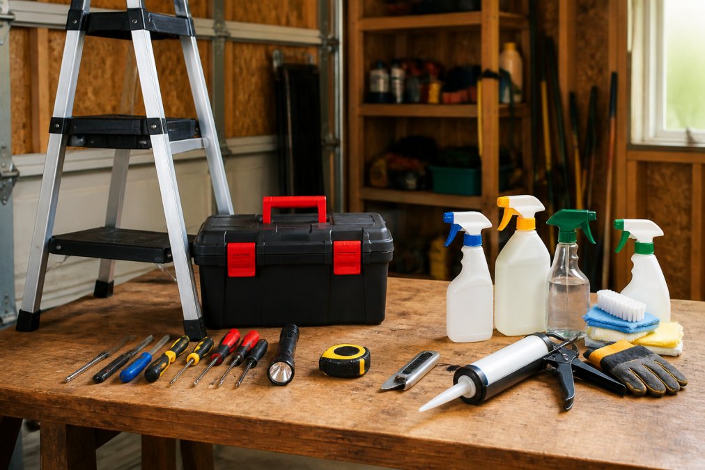 Homeowner organizing tools on a wooden workbench for a preventative home maintenance checklist.