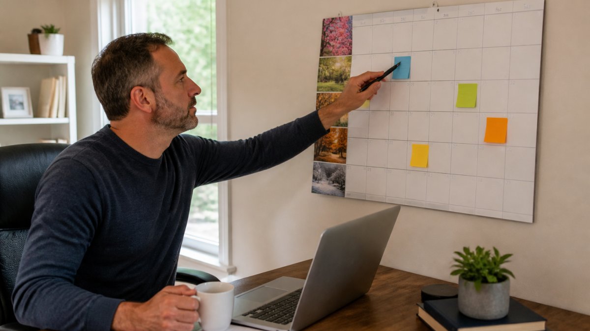 A homeowner in a home office reviewing a wall calendar with seasonal maintenance tasks marked, laptop and coffee on the desk, natural window light