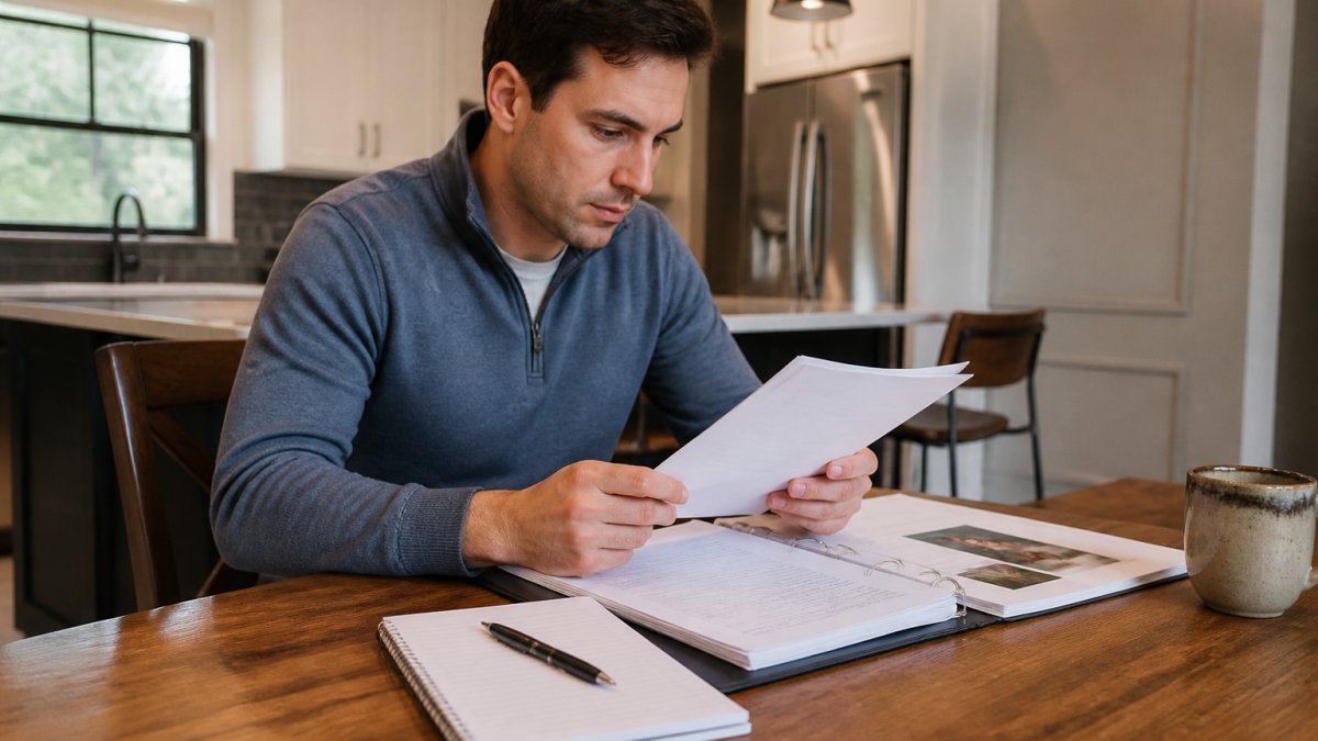 Infographic checklist for preventative home maintenance for new homes featuring a homeowner reviewing warranty papers.