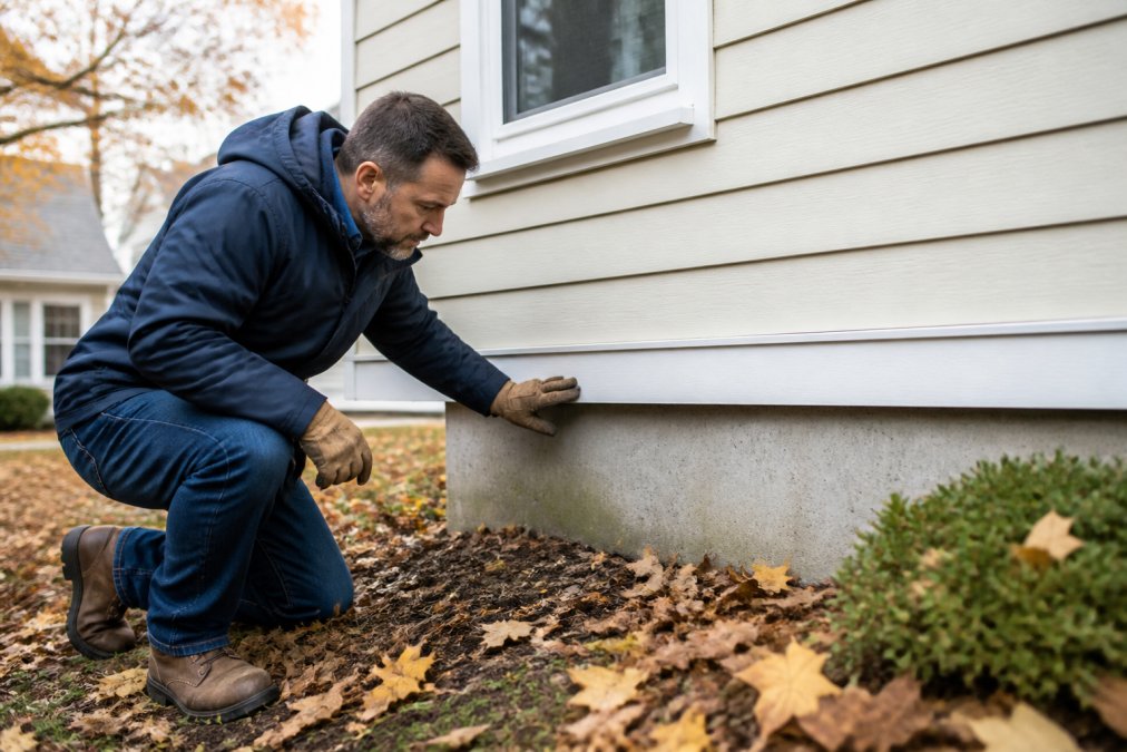 A homeowner in a jacket and work gloves inspecting the exterior foundation of a well-kept suburban house, with autumn leaves scattered on the ground nearby