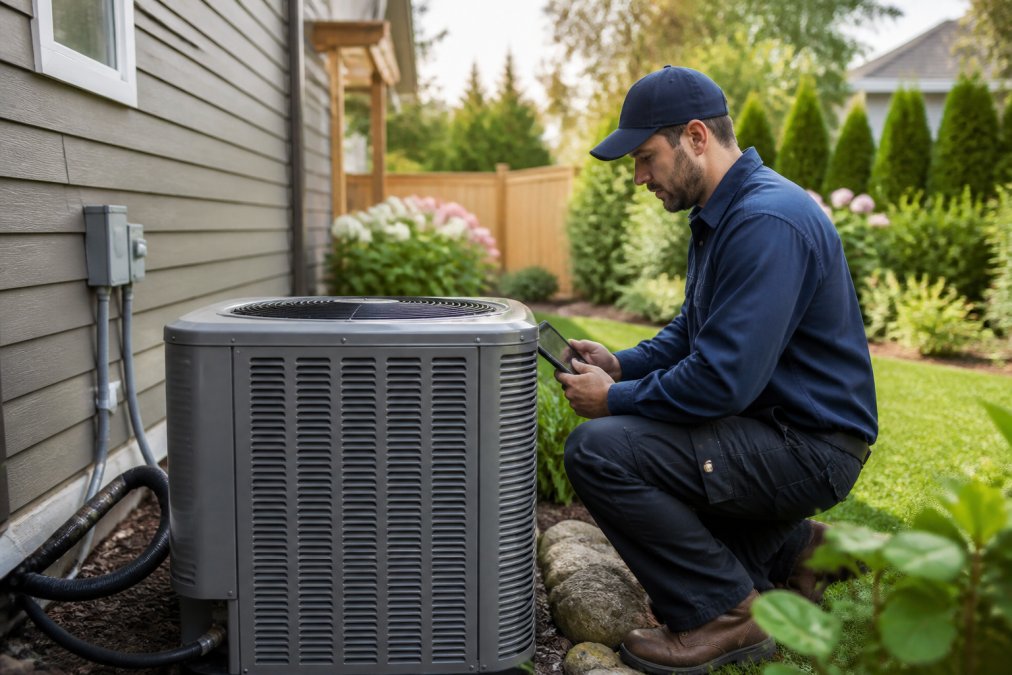A neatly dressed technician in a uniform inspecting a residential HVAC unit in a well-landscaped backyard, holding a digital tablet