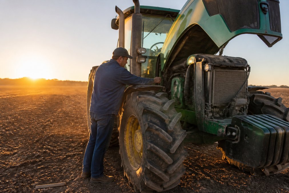 Farmer performing a daily preventative maintenance walk-around inspection on a tractor at sunrise