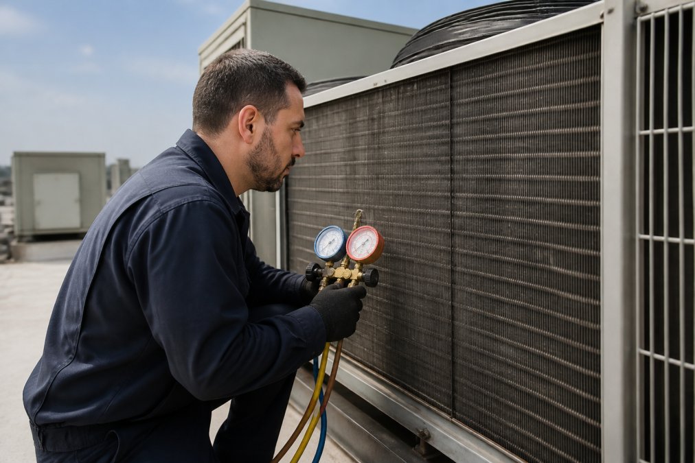 A professional HVAC technician in a navy uniform inspecting the condenser coils of a commercial rooftop unit with a manifold gauge set in hand, bright daylight