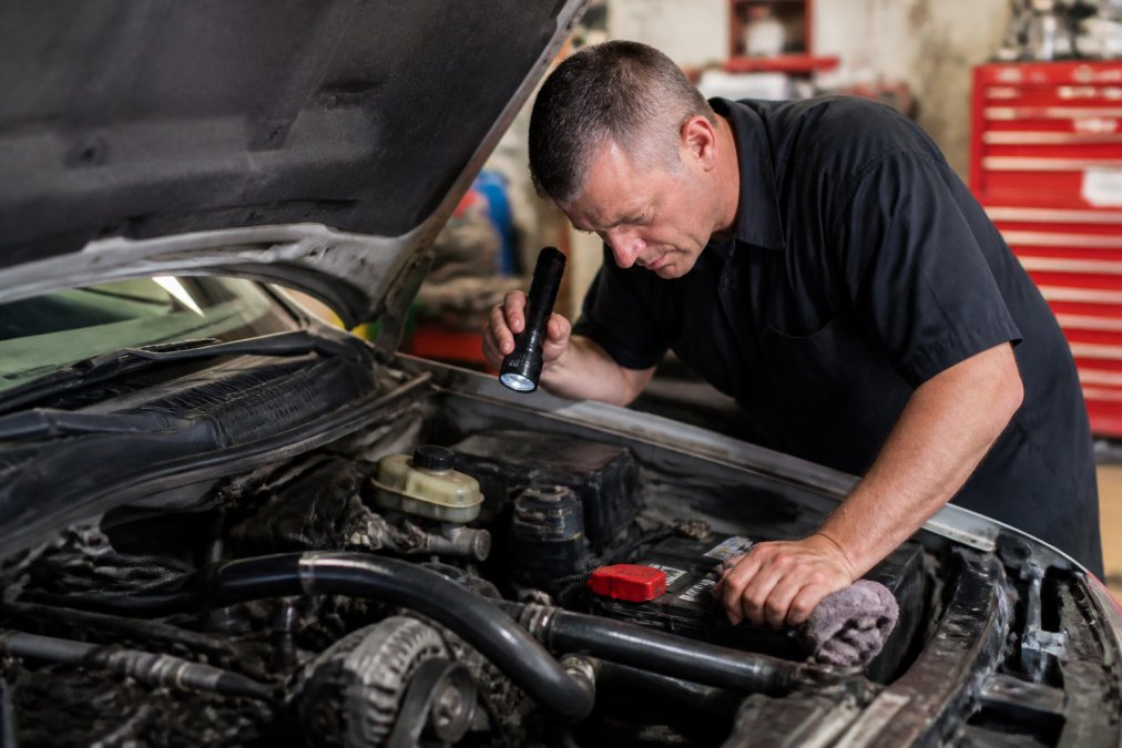 Skilled mechanic in a well-lit automotive shop inspecting the engine bay of an older vehicle, using a flashlight to examine rubber hoses and the serpentine belt, with tools laid out on a nearby workbench