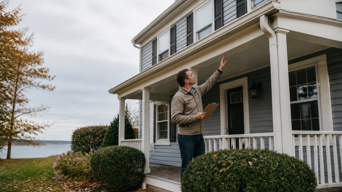 A landlord in a light jacket standing on a front porch in early autumn, holding a clipboard and checking a gutter line on a two-story coastal home, overcast New England sky