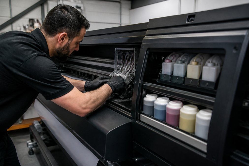 Technician's hands performing daily inspection of a UV printer, checking ink levels and examining the printhead area under bright workshop lighting