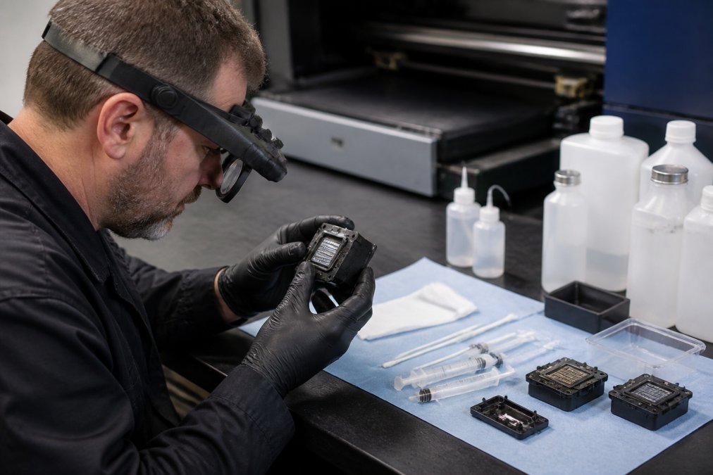 Maintenance engineer carefully examining a UV printer printhead under magnification, with cleaning solutions and replacement parts arranged on a workbench