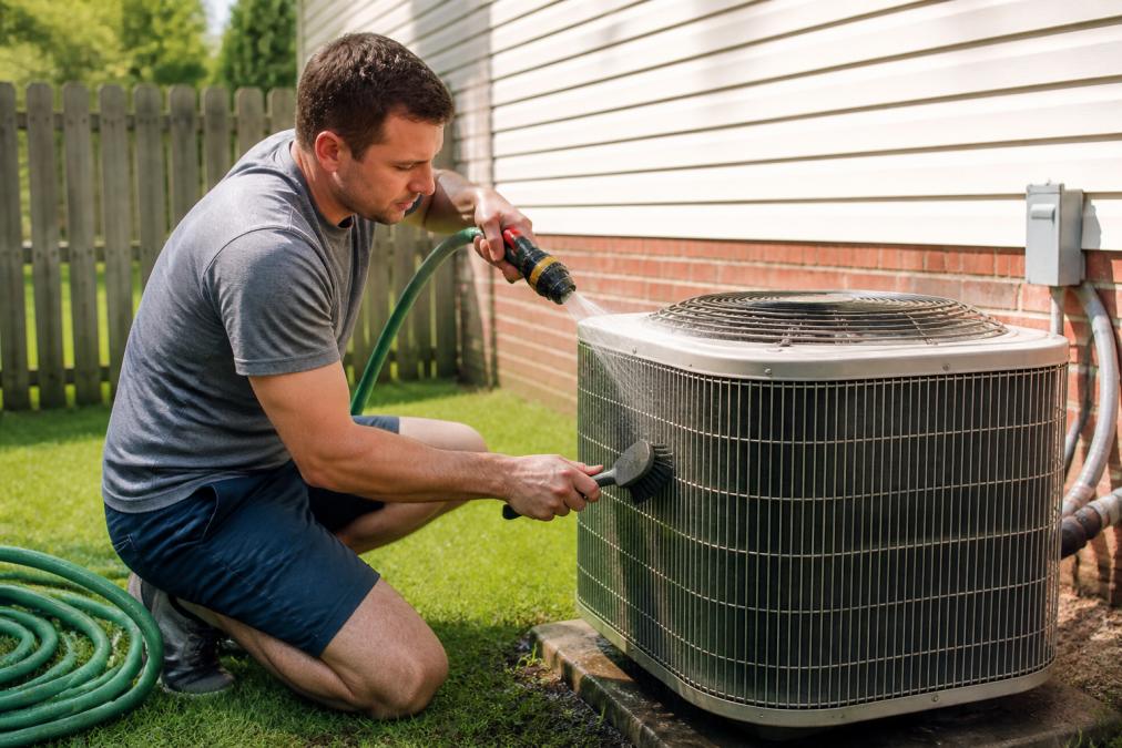 Homeowner cleaning an outdoor condenser unit with a brush as part of routine preventative maintenance on a sunny day
