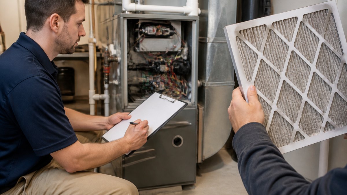 Professional HVAC technician inspecting air filter and internal components with clipboard and maintenance checklist visible, hands holding filter up to light in residential equipment room