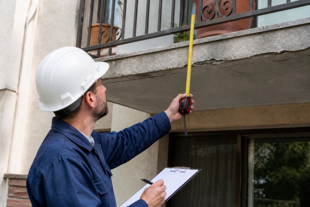 Licensed building inspector conducting detailed structural examination of residential building balcony using measurement tools and taking notes on clipboard