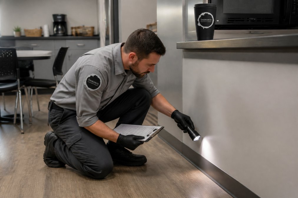 A professional technician in a gray uniform kneeling to inspect the baseboard of a modern office breakroom, holding a flashlight and clipboard while checking for entry points