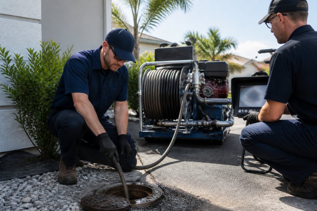A licensed plumber in uniform operating hydro jetting equipment on an outdoor drain line, with a second technician monitoring a waterproof camera inspection screen nearby