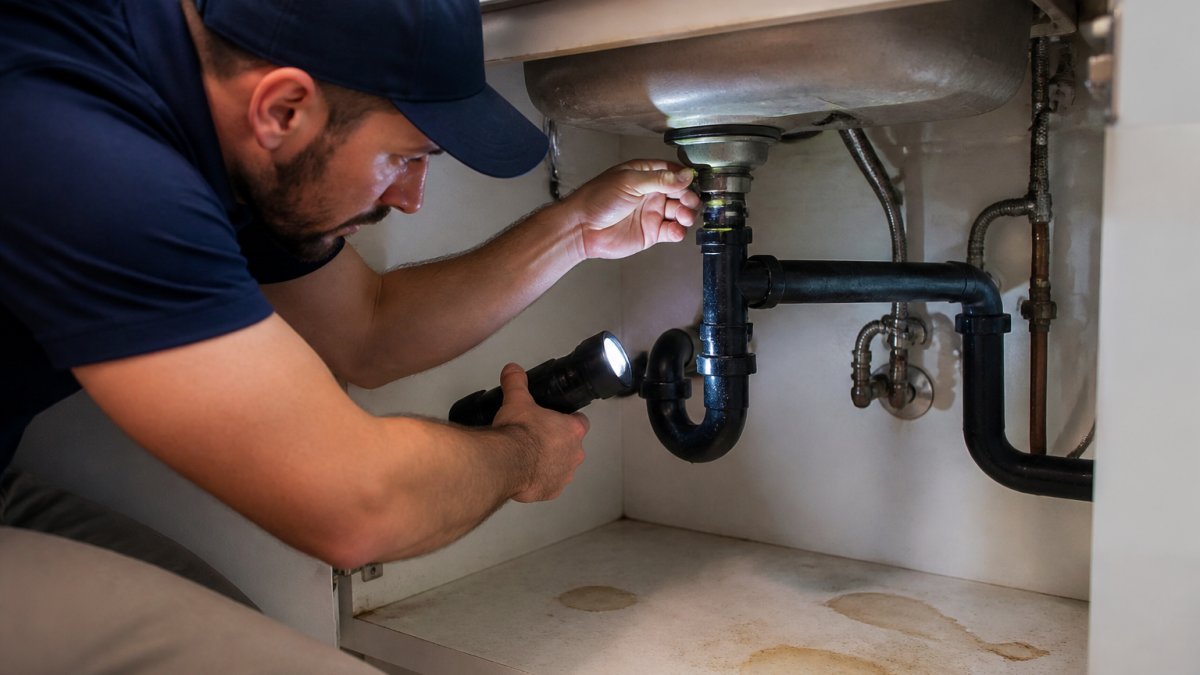 Professional plumber using flashlight to inspect pipes under sink cabinet, checking connections and looking for signs of water stains and corrosion