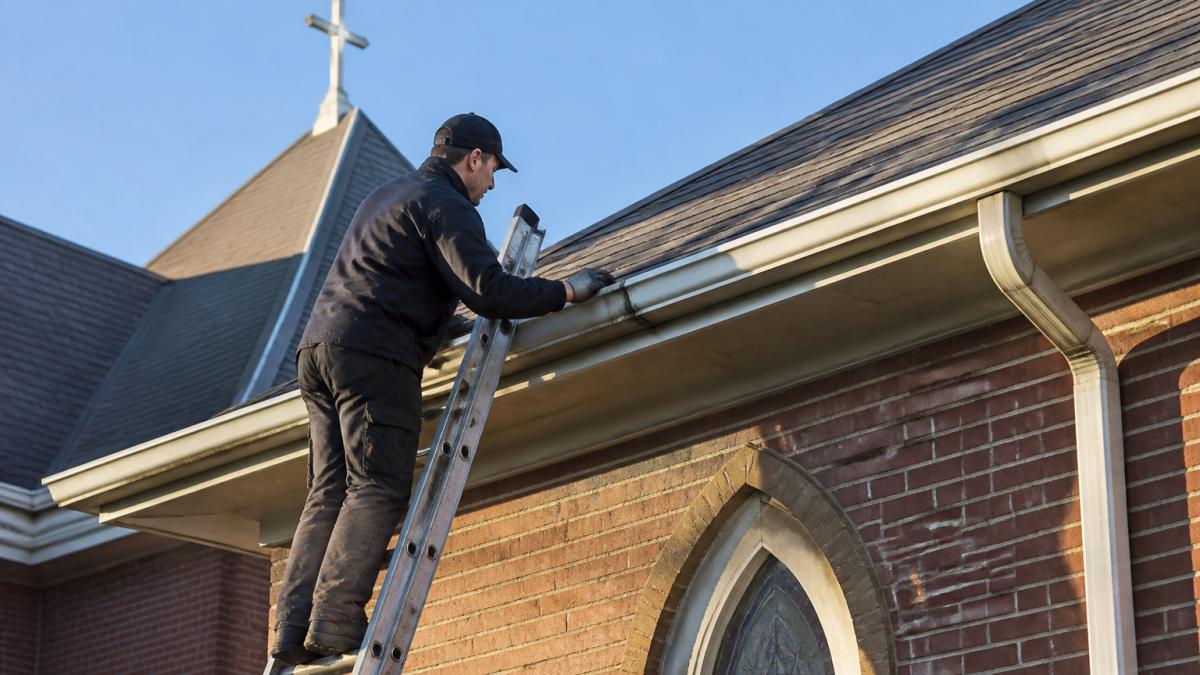 Facility manager standing on extended ladder inspecting church roof edge and gutter system during morning sunlight, with brick church building visible in background