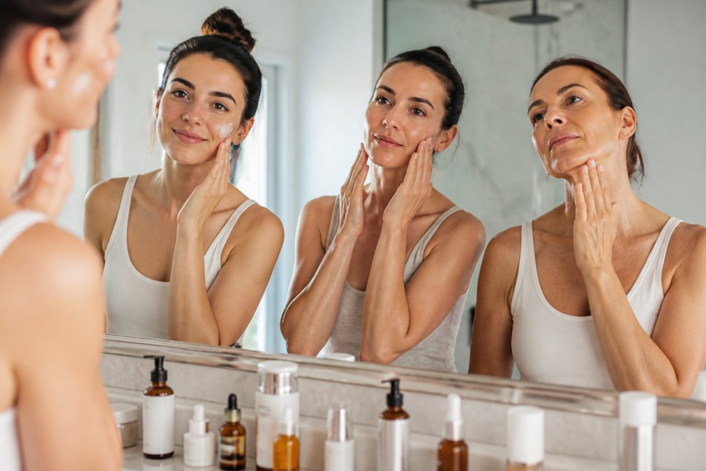 Infographic showing a timeline of preventative skin care for early aging across women in their 20s, 30s, and 40s.