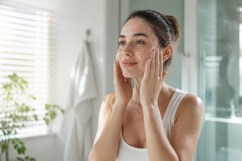 Young professional applying skincare products in a bright bathroom with morning sunlight, demonstrating cleansing and hydration steps on face