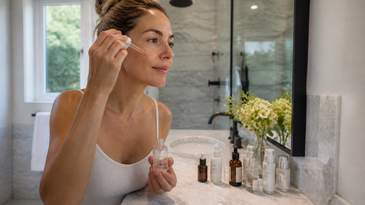 A woman in her 30s applying serum to her face in a bright, modern bathroom, with skincare bottles arranged neatly on a marble countertop