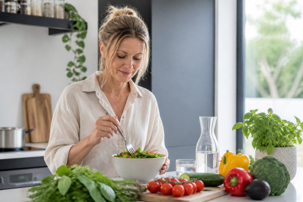 Vrouw eet gezond met verse groenten in een keuken als onderdeel van preventieve gezondheidszorg methoden