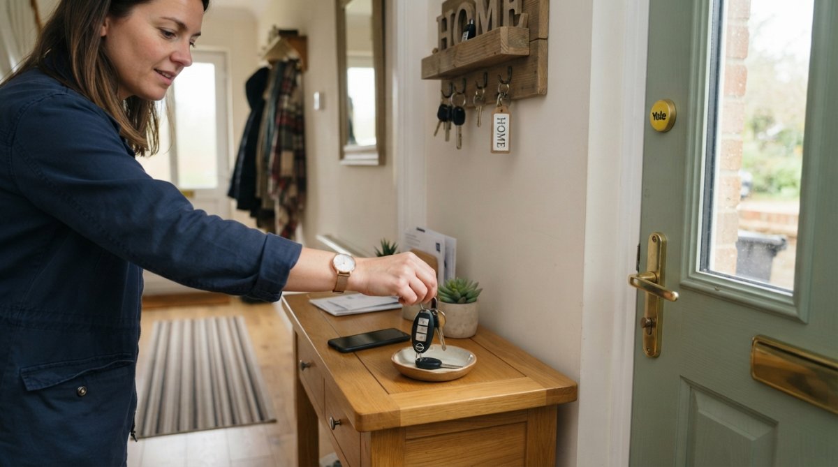 Driver placing car keys in a designated spot on a hallway table near the front door, with a key holder and phone visible