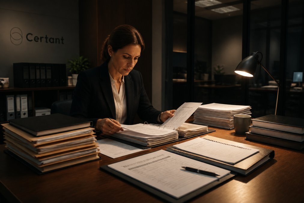 Compliance officer reviewing source documents and audit trails on a computer screen, with printed reports and compliance checklists on the desk