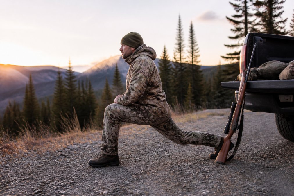 Hunter in camouflage performing walking lunges at a gravel trailhead during a cold dawn to prepare for a hike.