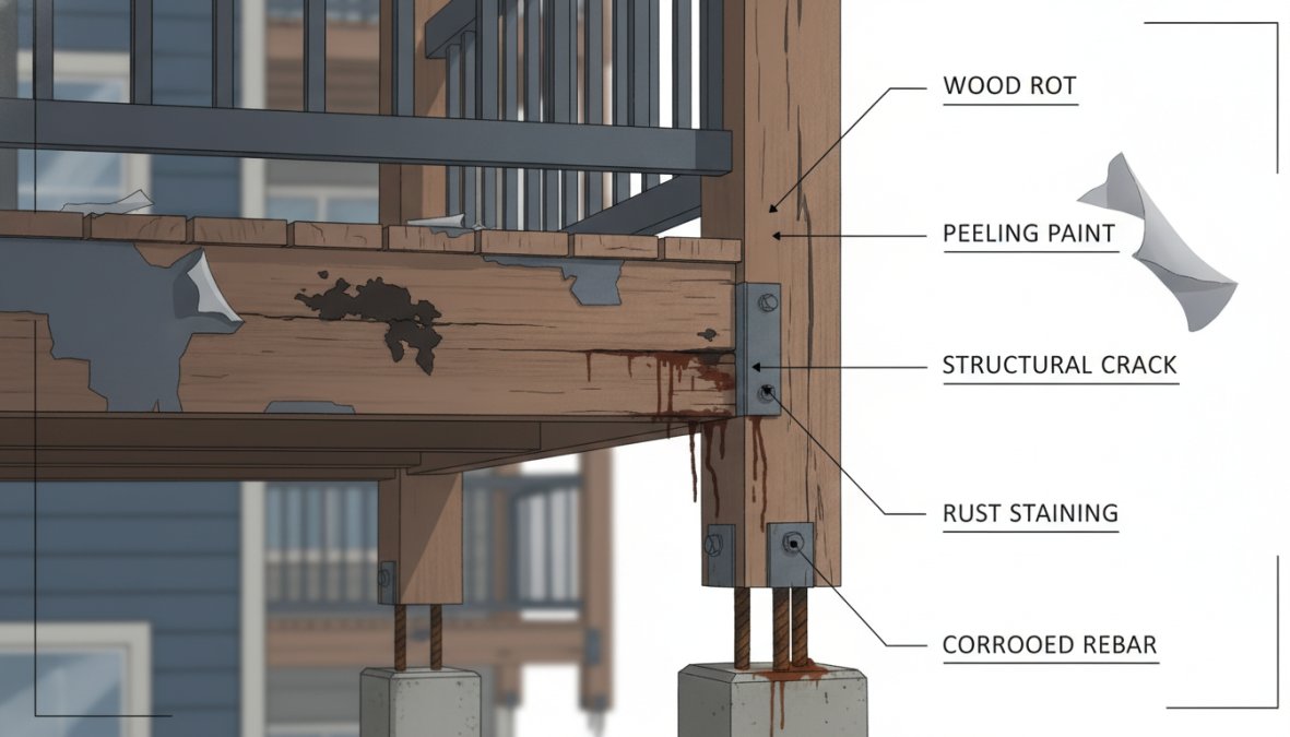 Close-up photograph of a wooden apartment balcony showing visible wood rot with soft, discolored, and splintered wood fibers, peeling paint revealing dark moisture staining, and corroded metal fasteners with rust streaks running down the structural supports, photographed in natural daylight