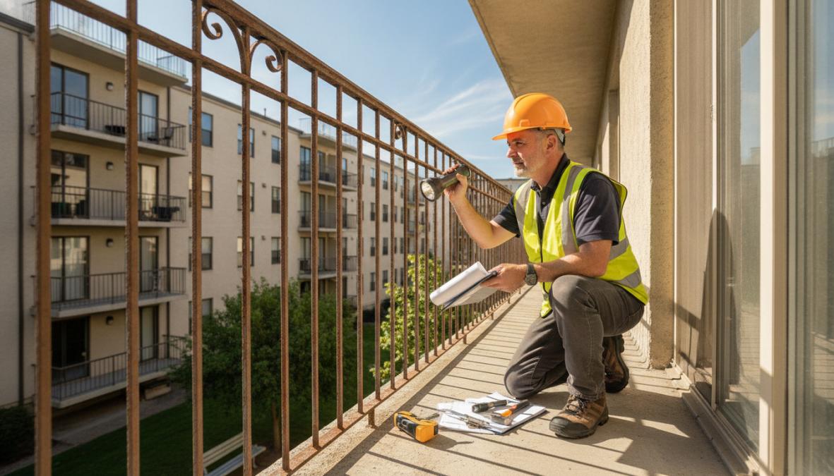 A licensed inspector wearing a yellow hard hat and orange safety vest crouching to examine the underside of a concrete apartment balcony with a focused flashlight while making notes on a clipboard, photographed on a clear sunny day with a multistory residential building in the background