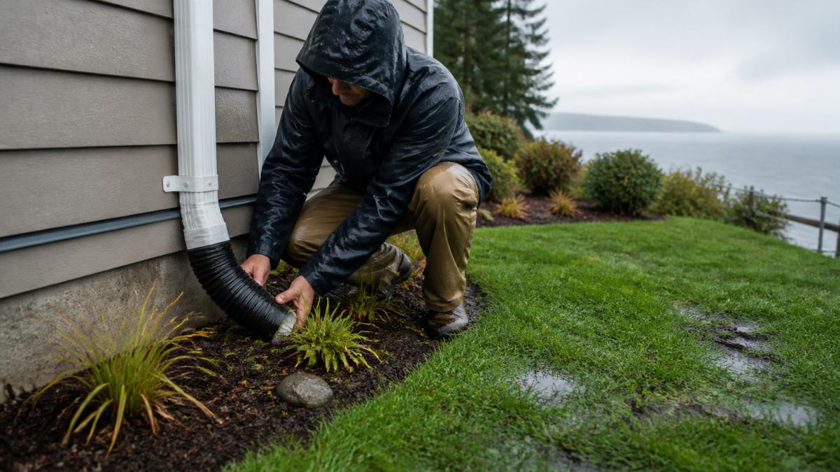 A homeowner in rain gear inspecting a downspout extension on a house exterior, with wet grass and a sloped garden bed visible, overcast coastal weather