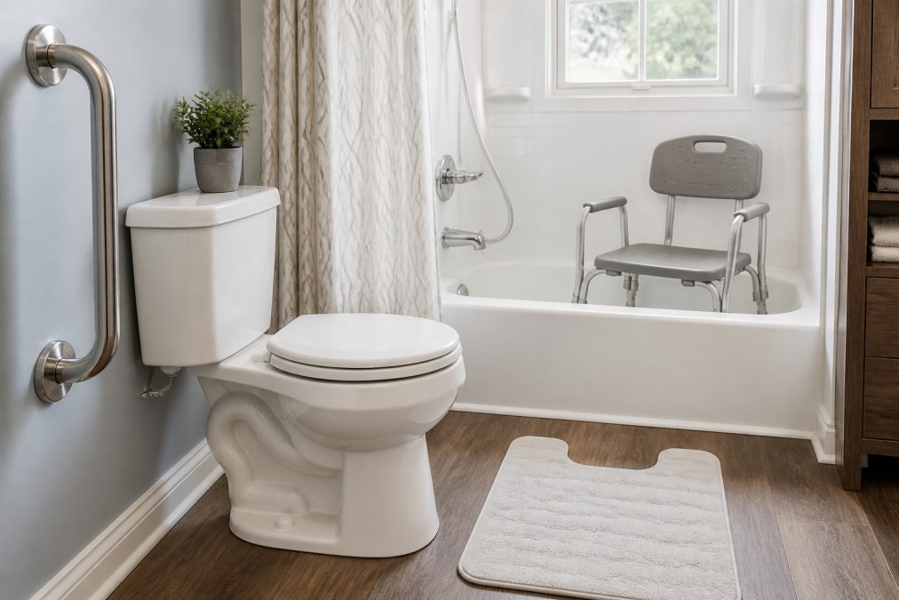 A bright, clean bathroom with a sturdy chrome grab bar mounted beside the toilet, a contoured non-slip bath mat on the floor, and a shower chair visible inside the tub